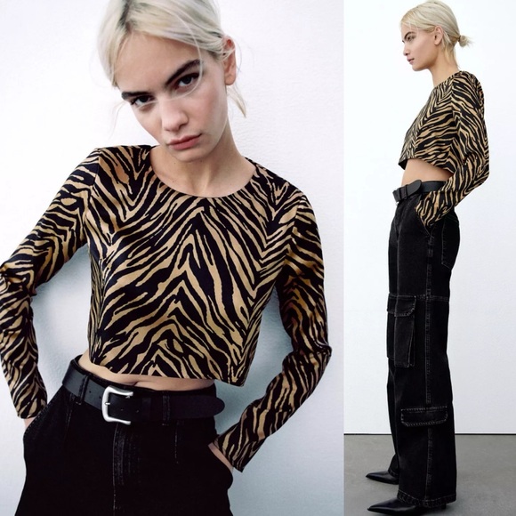 Zara Satin Effect Animal Print Zebra Cropped Long Sleeve Blouse Small - Picture 2 of 4